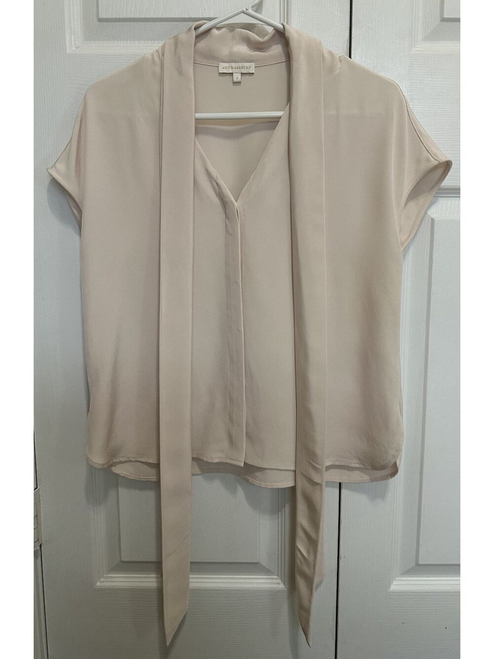 ANN Mashburn Blush Pink Crepe Short Sleeve Tie Neck Blouse | Small Designer Silk